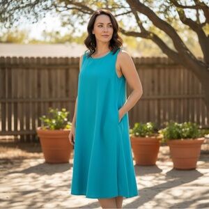 grand greece linen dress NWT Grand Greece 100% Linen Teal Shift Dress Fishnet Women's sz M Beachy 